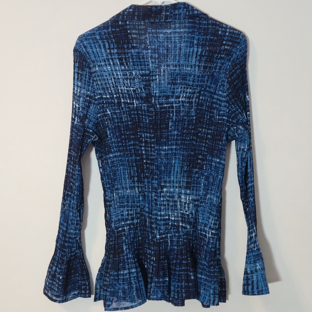 Addition Elle Sz 16 Abstract Button-Up Blouse Pleated Flared Sleeves Royal Blue - Picture 13 of 16
